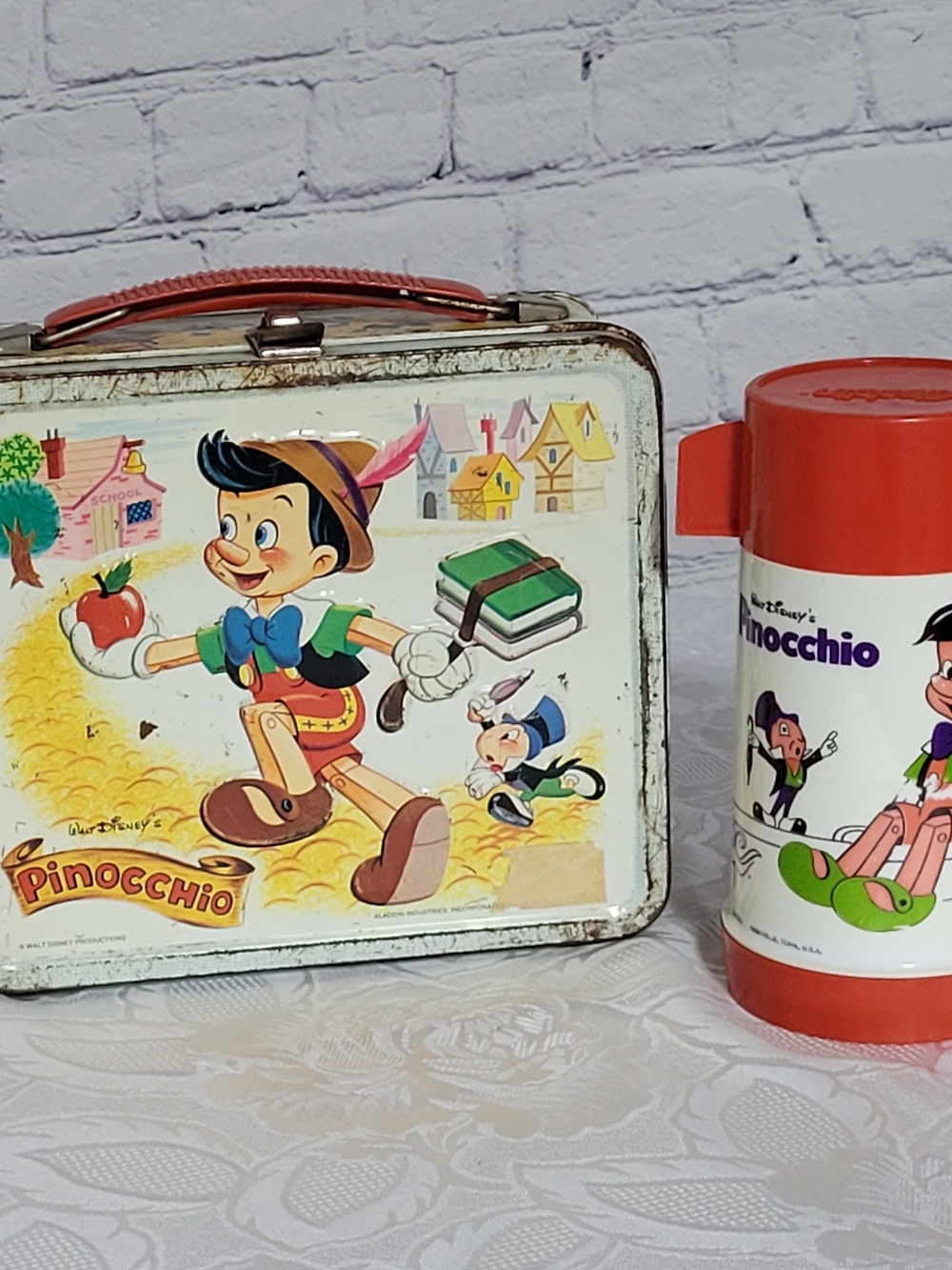 Vintage Pinocchio Lunchbox and Thermos Set - Red/White